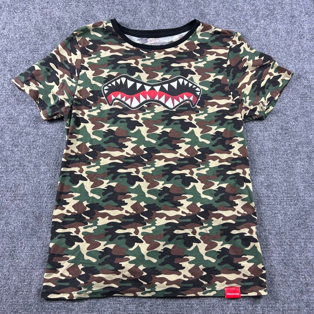 Sprayground T Shirt Mens XL Green Camo Shark Mouth Graphic Short‎ Sleeve Tee